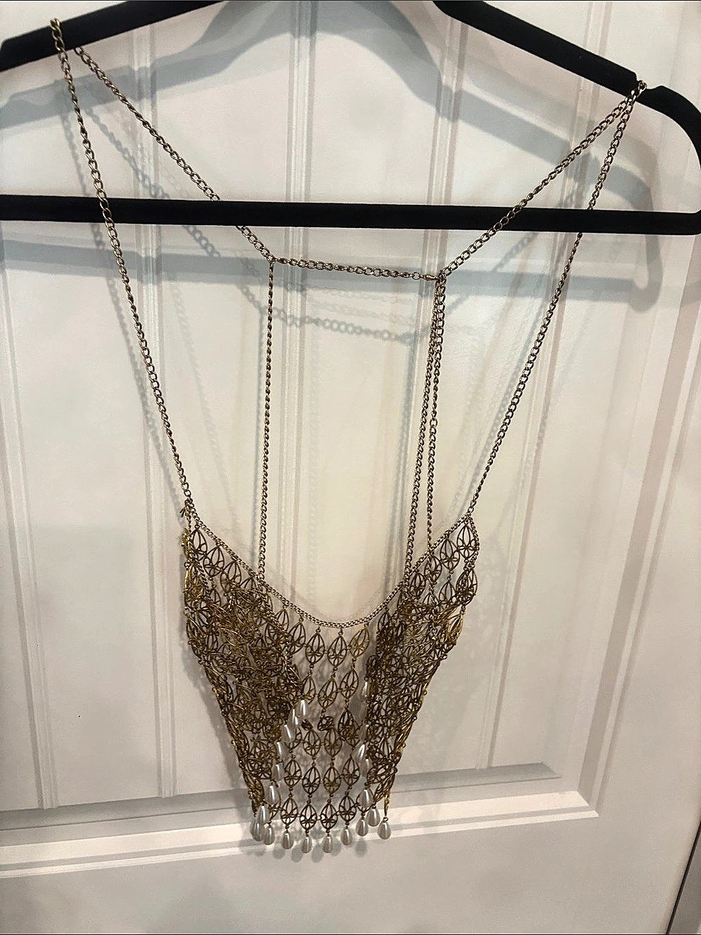 Vintage Gold Filigree Body Chain Bralette Pearl Fringe Boho Jewelry